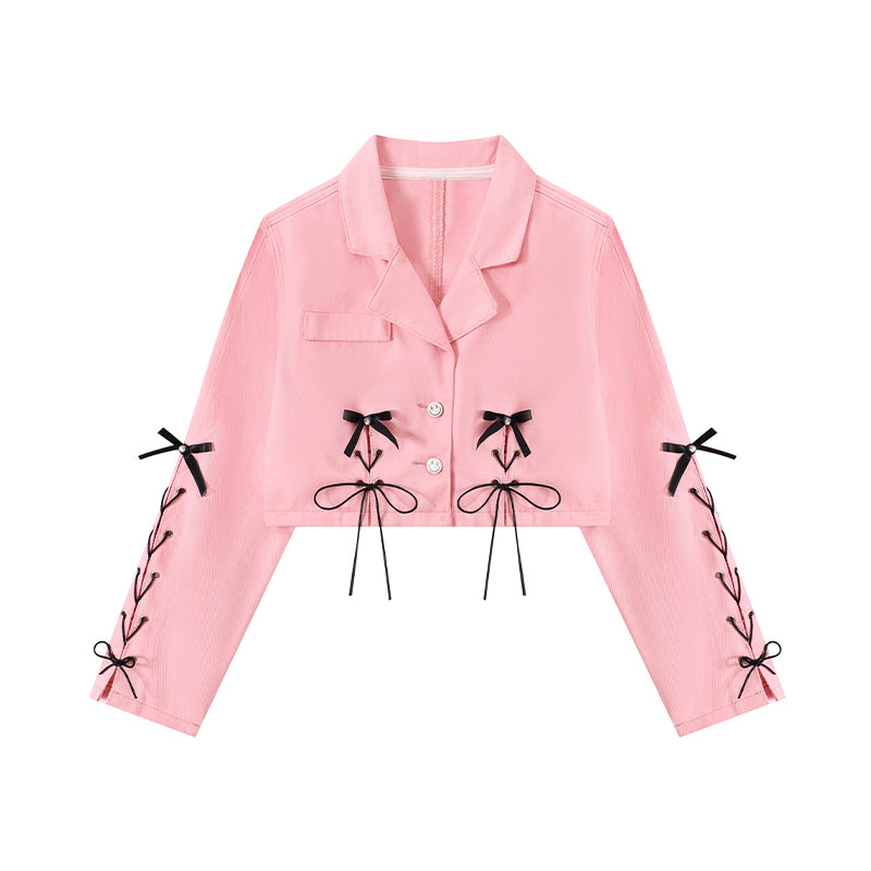 American Style Cool Cowboy Girl Women Black Bow Ribbon Trendy Pink Fashion Small Short Jacket Suit