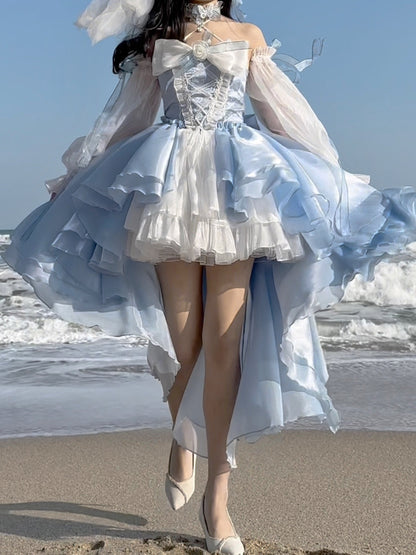Japanese Girl Princess Corset Sweet Bow Lace Blue White Halter Neck Half Short Half Long Layered Dress