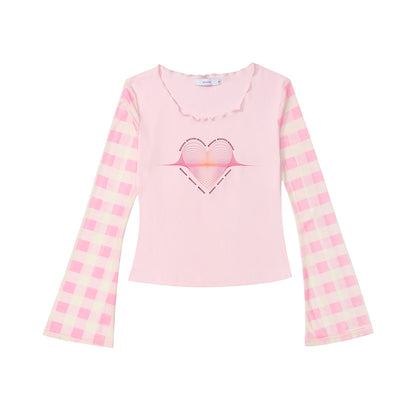 Heart Plaid Sleeve Pastel Y2K Pink Purple Long Sleeve Shirt Top