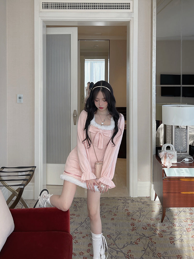 Sweet Sexy Girl Plush Pink Soft Knitted Form Fitting Fur Bow Pink Long Sleeve Dress
