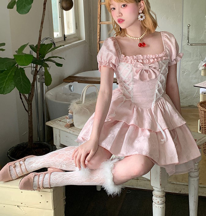 Picnic Girl Elegant Rose Pink Lace Embroidery Puff Sleeve Dress