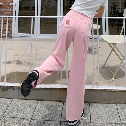 Summer Cute Chic Girl Student High Waist Soft Pastel Peach Print Embroidery Pink Long Trouser Pant