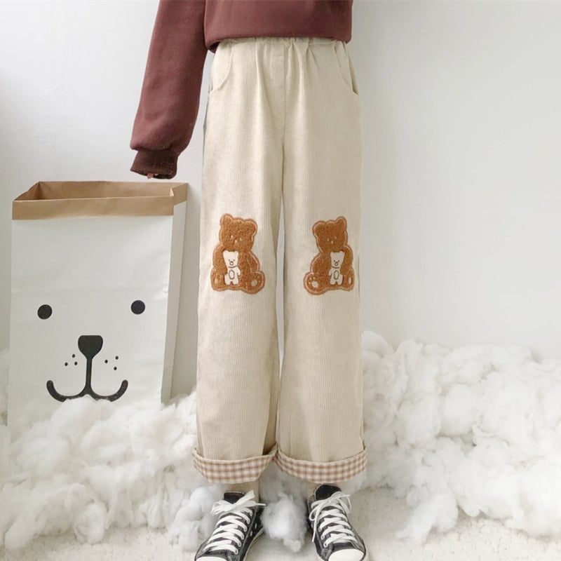 Spring Autumn Winter Bear Teddy Embroidery Wide Leg Trouser Pants