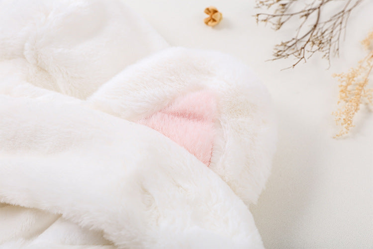 Japanese Cute Autumn Winter Soft Plush Velvet Girl Neko Ear Pink Cat Paw White Loose Coat