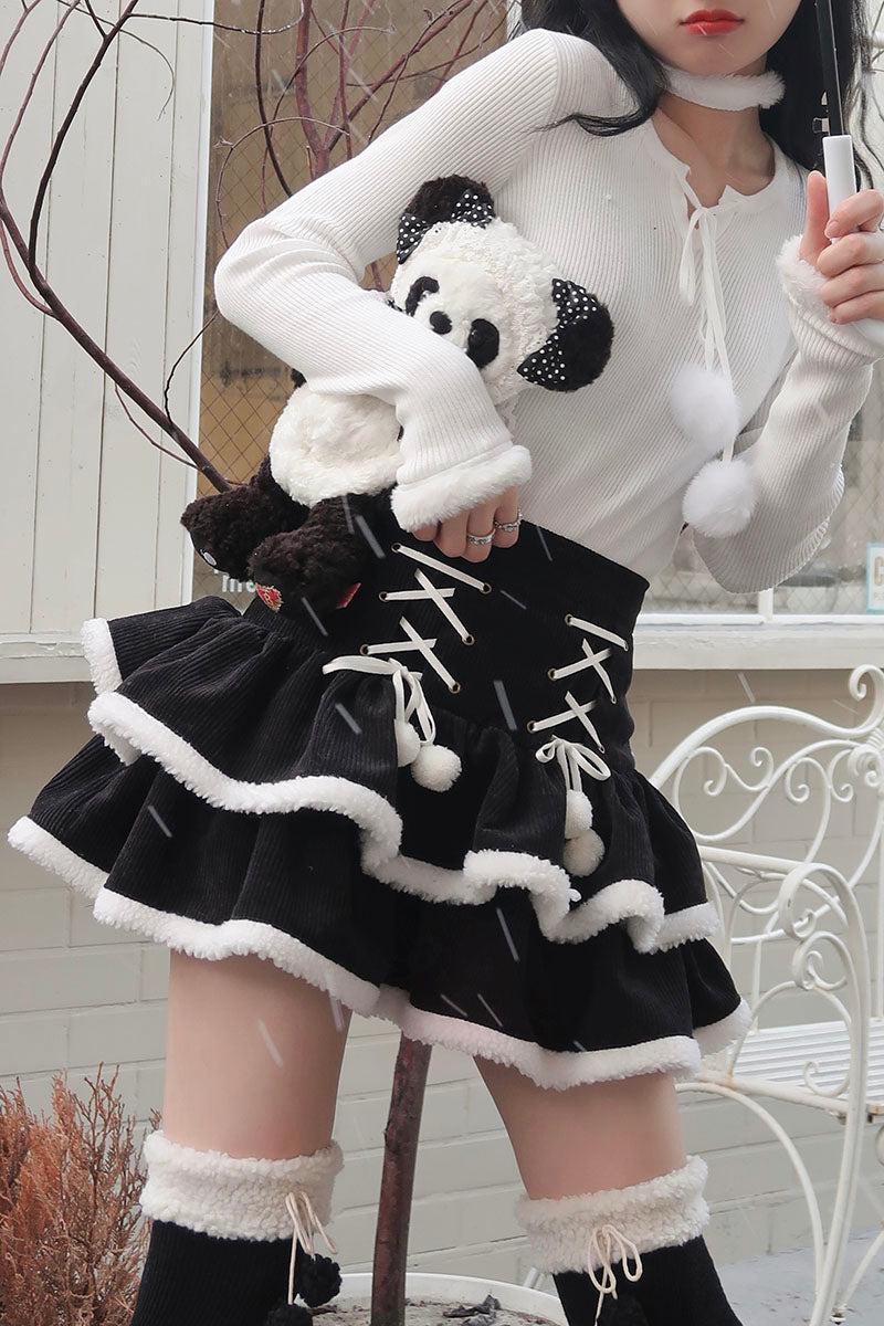 Winter Holiday Soft Plush Black Blue Red High Waist Short Skirt