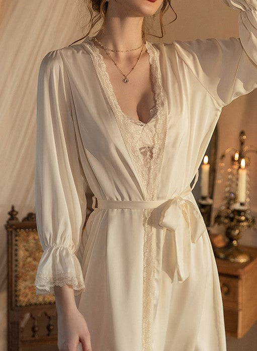 Sexy Elegant Classic Women Plain Smooth Silk Lace See Through Embroidery White Pink Pajamas Nightdress Nightgown Robe Two Piece Set