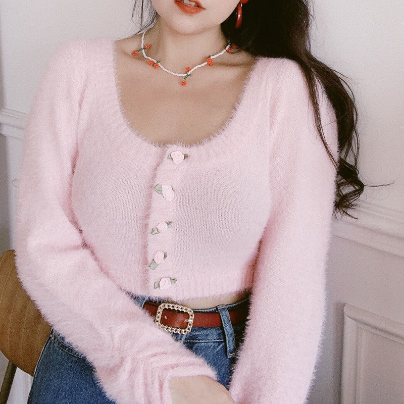 European French Spring Autumn Winter Girl Sexy Women Rose Flower Button High Waist U Neck Plush Pink Sweater Cardigan