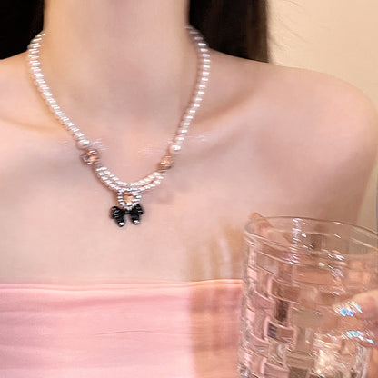 Pink Heart Black Bow Pearl Necklace Pendant