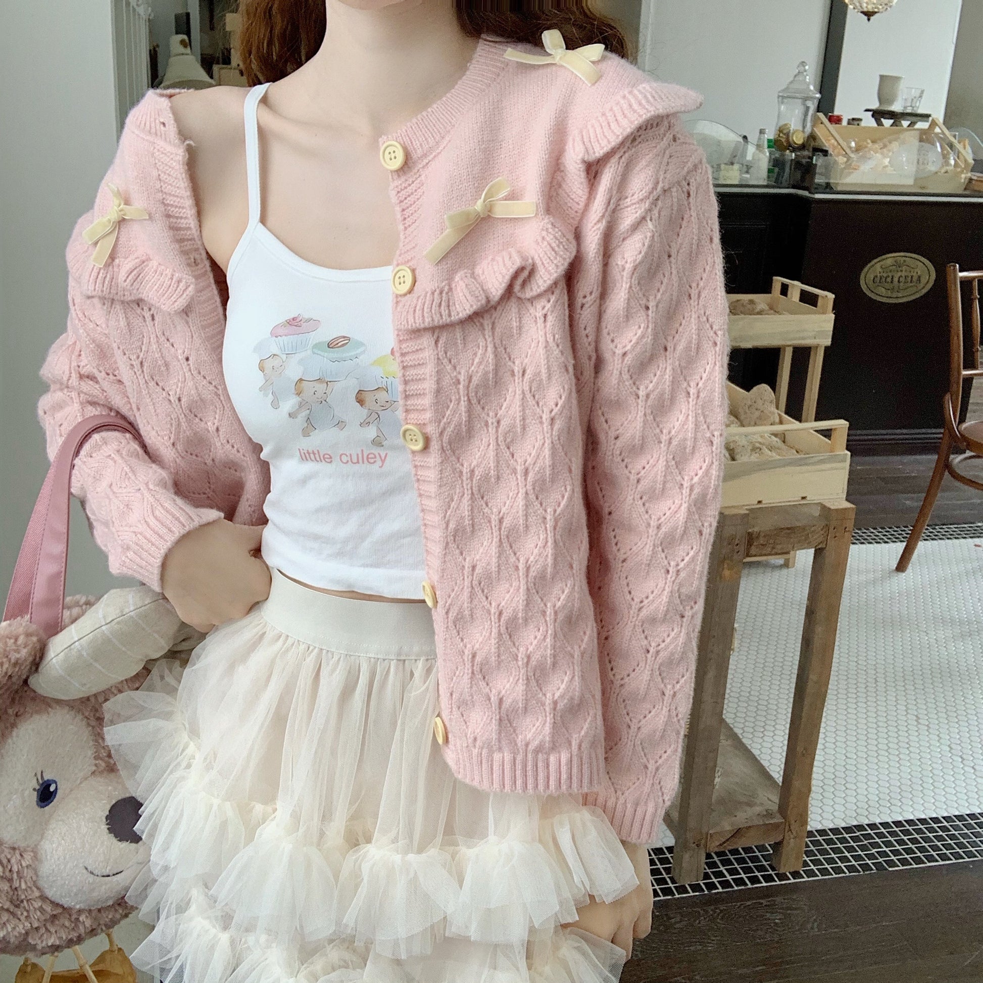 Sweet Girl White Pink Camisole Ballet Cake Skirt Pearl Flower Knitted Cardigan Three Piece Set