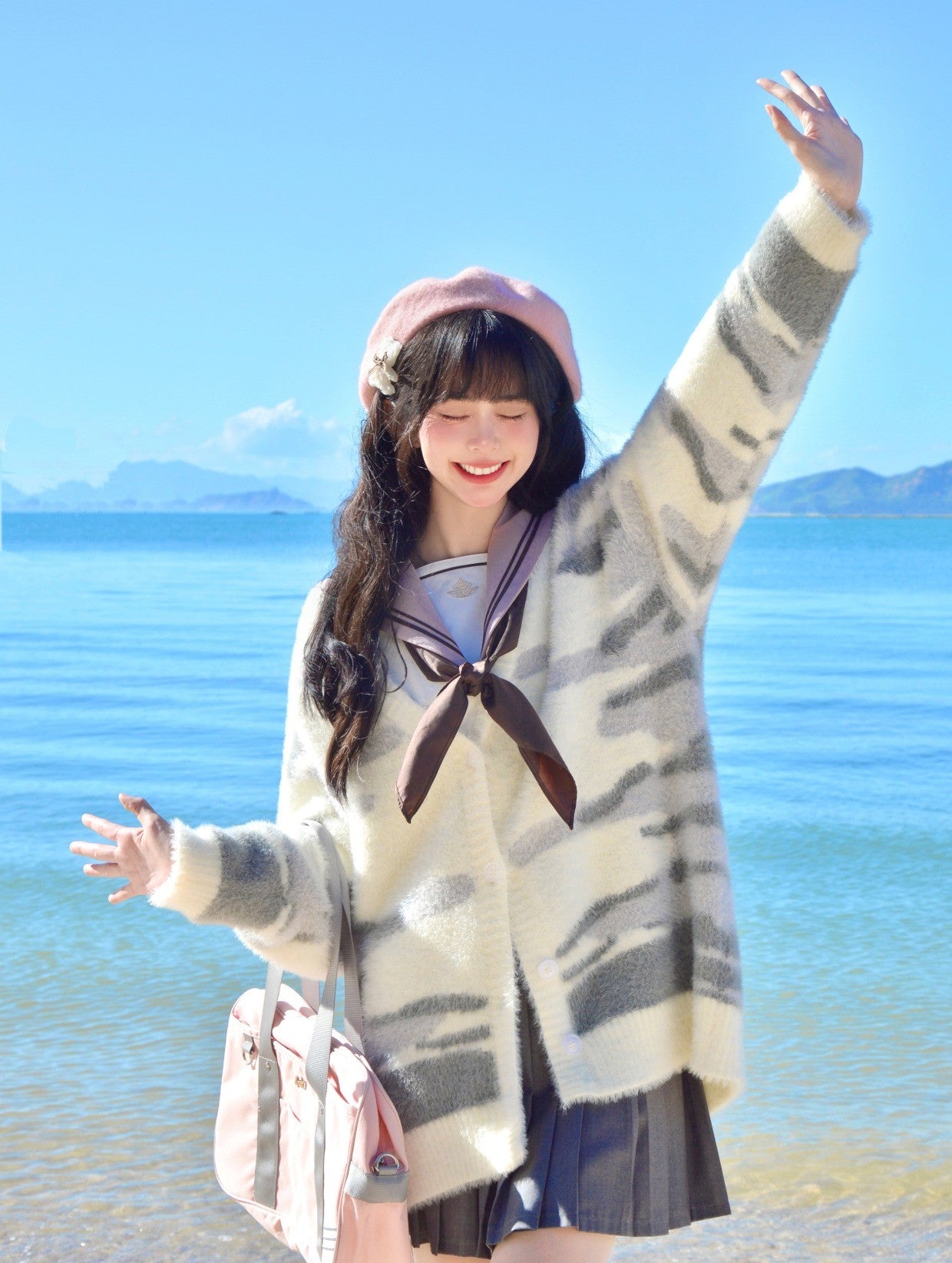 Calico Cat & Gray Tabby Cat Striped Faux Mink Fur Long Cozy Cardigan Sweater Japanese Style Girl