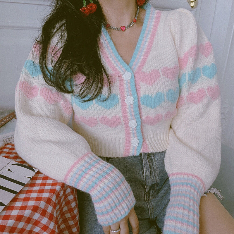 French Korean Spring Autumn Heart Love Embroidery Pink Blue Knit Sweater Cardigan