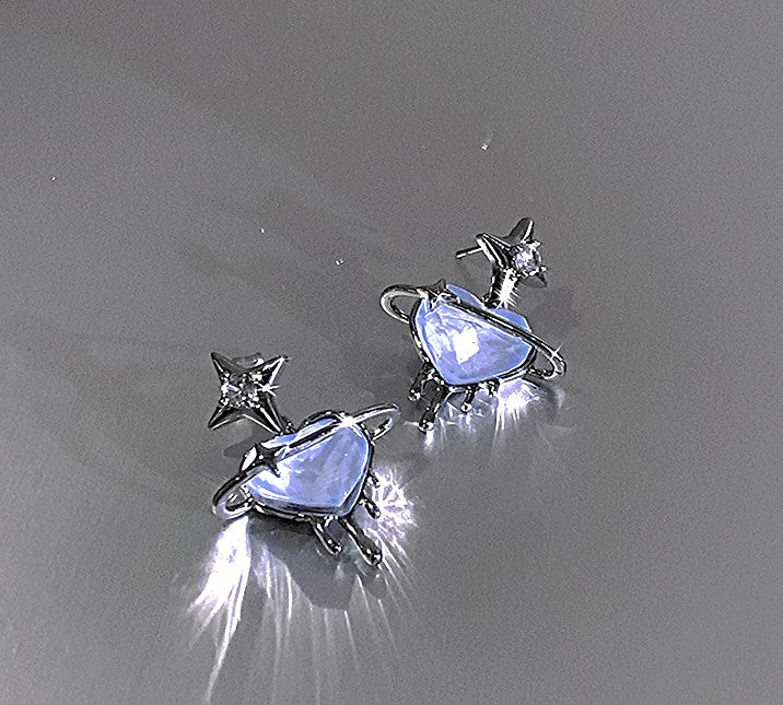 Melting Ice Blue Heart Astral Sparkling Blue Silver Earrings