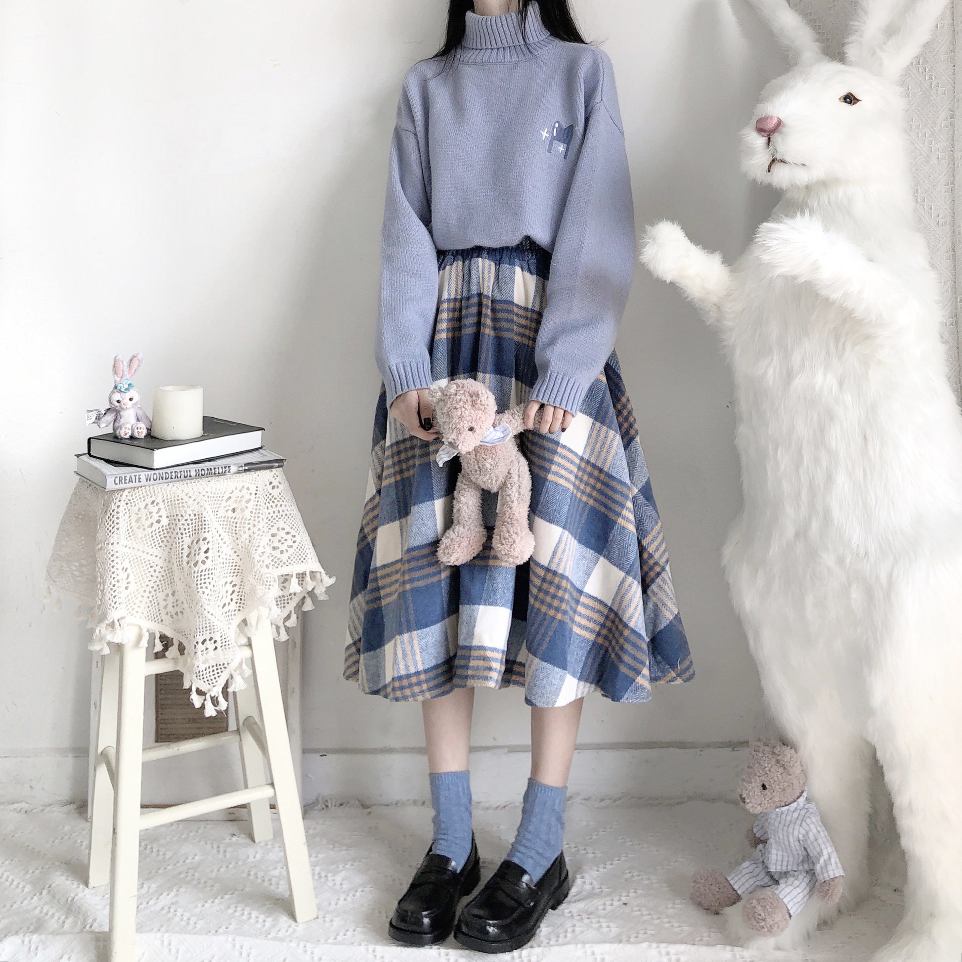 Japanese Wool Autumn Winter Soft Girl Plaid Pink & Blue Stripes Long Elastic Gathered Waist Skirt