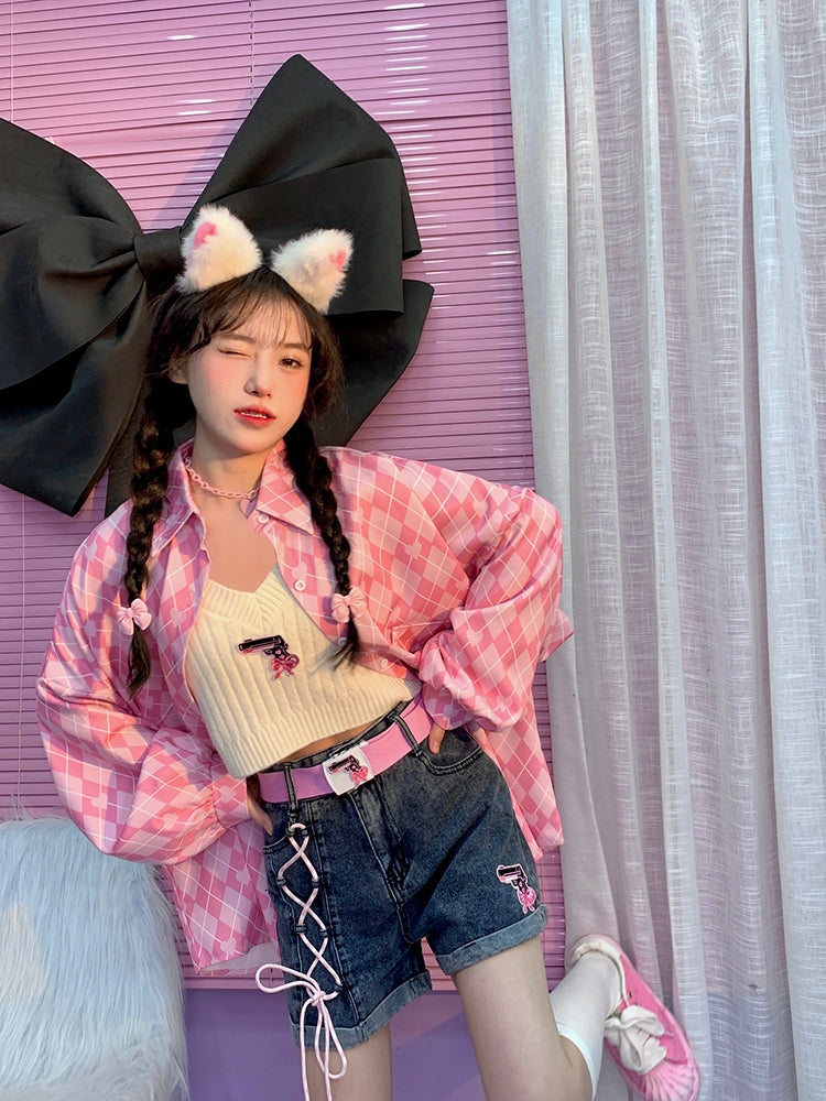 Korean Cute Summer Spring High Waist Embroidery Cross Pink Strap Bow Loose Wide Pant Denim Jeans Shorts