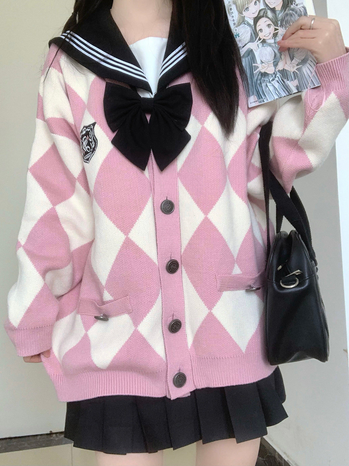 Phamtom School Argyle Black White Gray Red Pink Japanese Student Autumn Winter Cute Cozy Comfy Knitted Cardigan