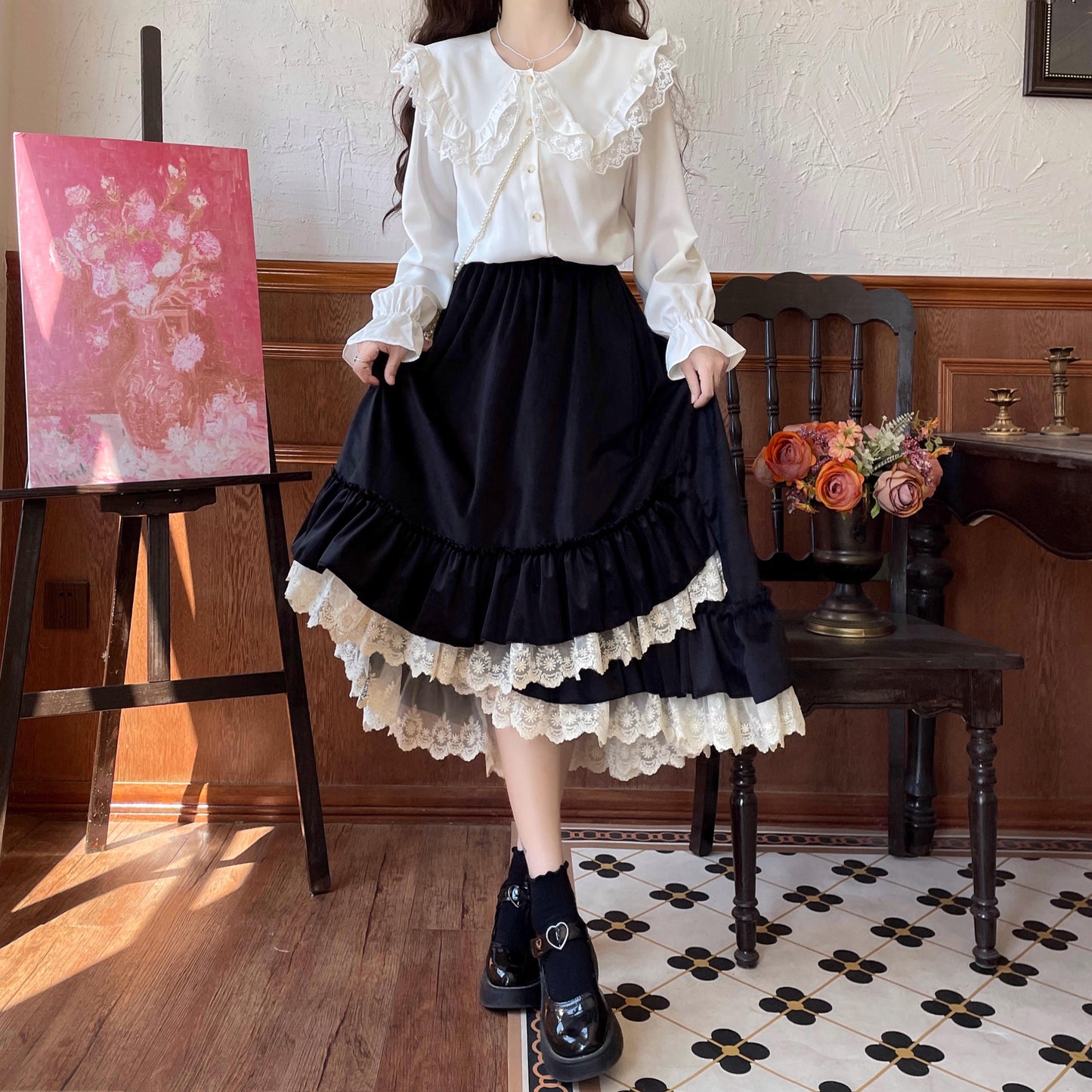 Fall Autumn Mori Girl White & Black Lace Long Elastic Gathered Waist Skirt