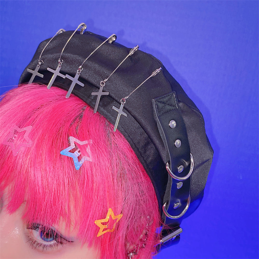 Japanese Harajuku Gothic Doll Girl Women Fashion Chic Spring Summer Autumn Winter Black Leather Strap Pin Cross Beret Hat