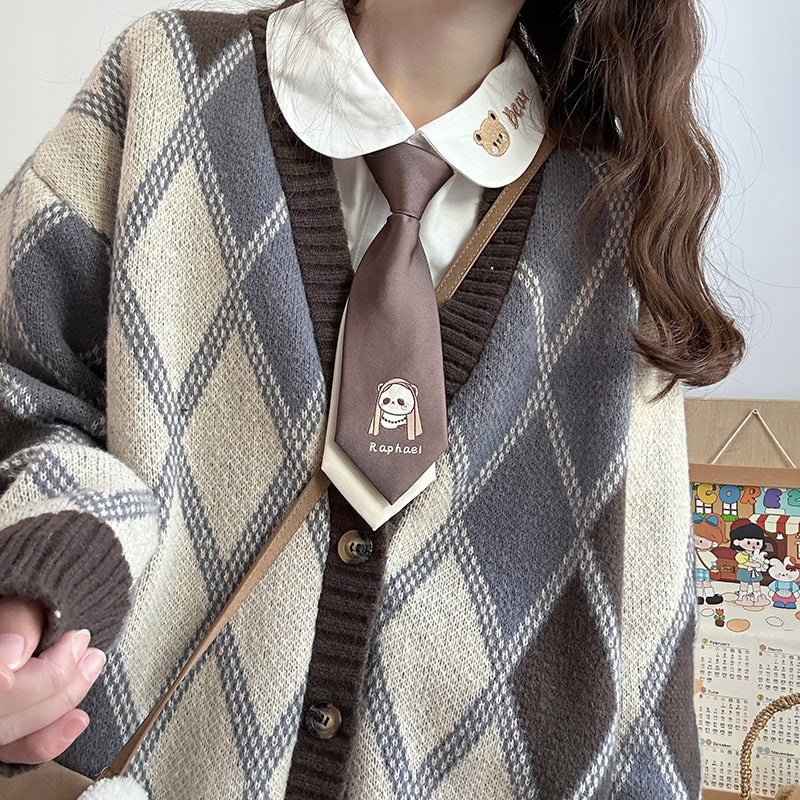 Sweet College Student Girl Rhombus Diamond Pattern Brown Cozy Autumn Winter Knitted V-necked Cardigan Sweater