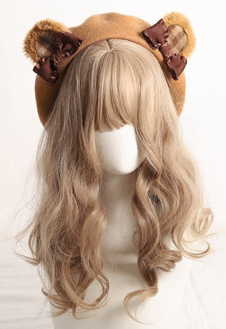 Cute Furry Teddy Bear Ears Bow Beret Hat