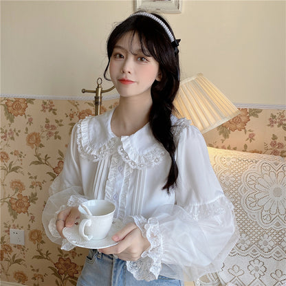 Elegant Lace Cuff Long Sleeve White Japanese Blouses Love Sleeve T Shirts