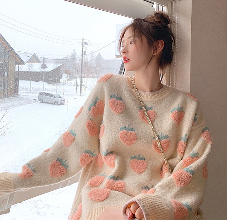 Spring Autumn Sweet Pink Orange Peach Embroidery White Knit Round Neck Loose Pullover Sweater