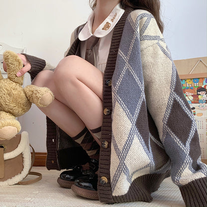 Sweet College Student Girl Rhombus Diamond Pattern Brown Cozy Autumn Winter Knitted V-necked Cardigan Sweater