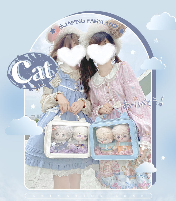 Cat Ears White Blue Pink Black Leather Bag