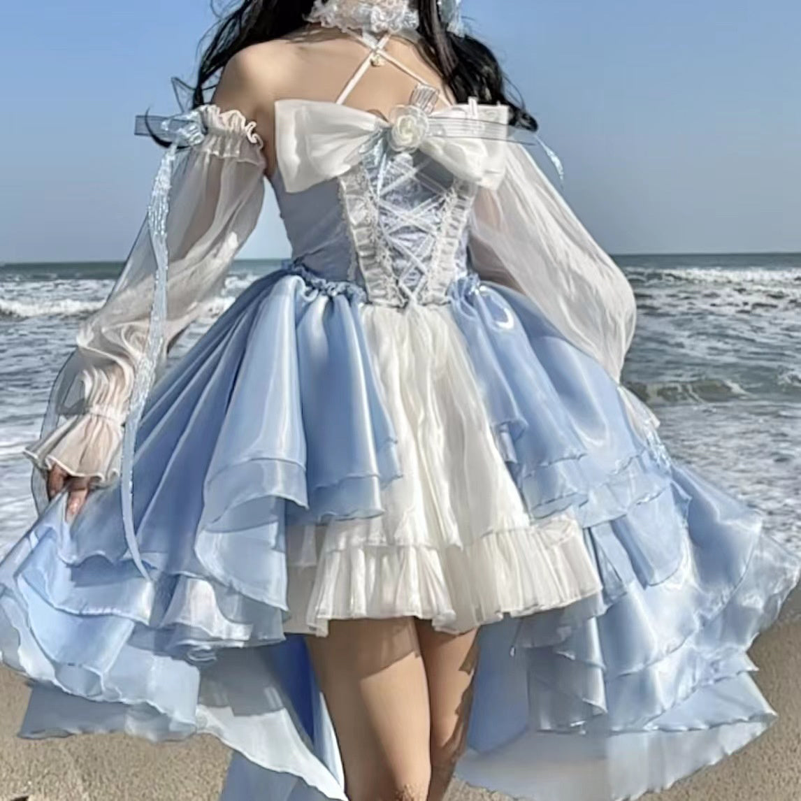 Japanese Girl Princess Corset Sweet Bow Lace Blue White Halter Neck Half Short Half Long Layered Dress