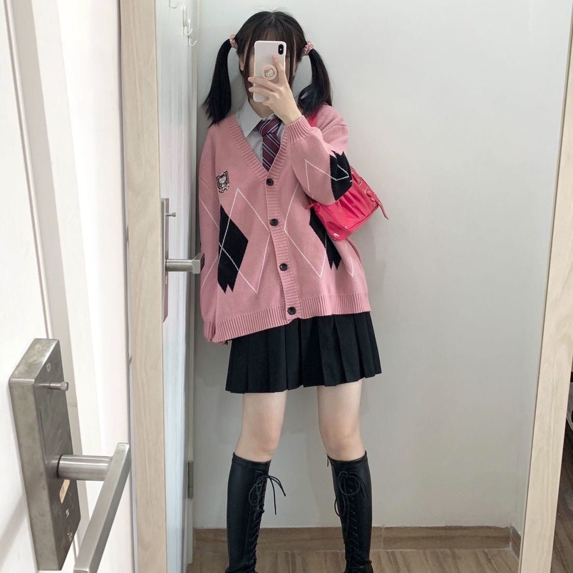 Japanese Girl Cute Autumn Winter Spring Student Embroidery Rhombus Diamond Shaped Pattern Knit Pink Black Sweater Cardigan
