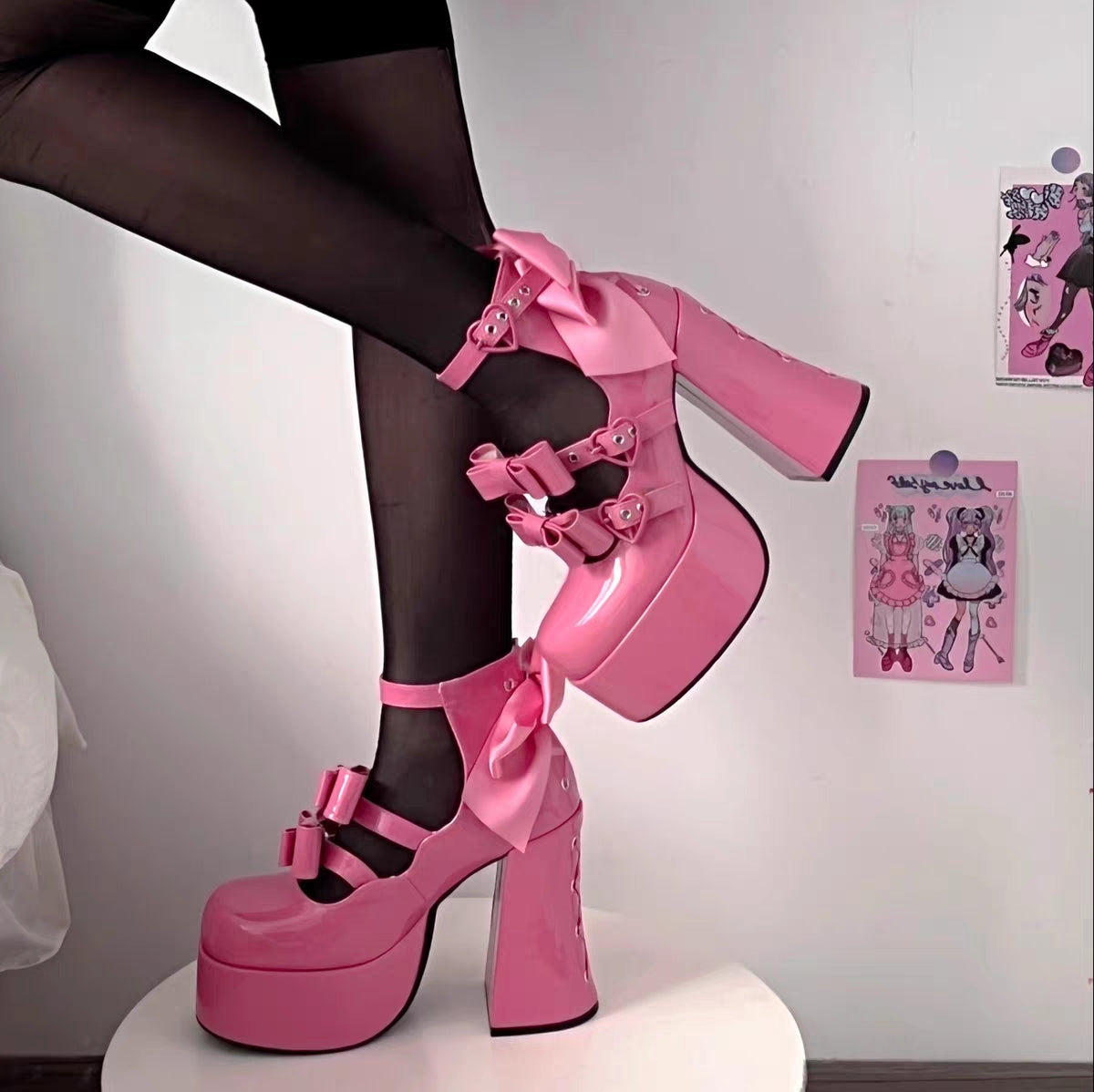 French Girl Heart Cross Bow Classic Japanese Fashion Women Platform Bow High Heels Shoes