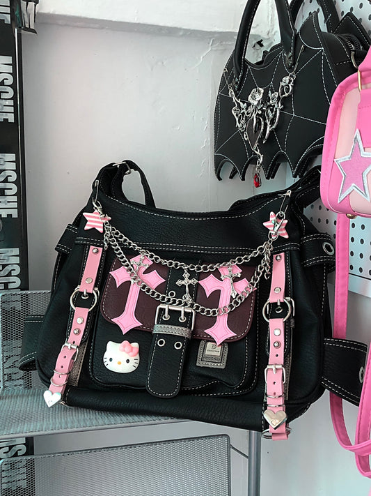 Y2K Kitty Goth Square Rectangle Wide Large Capacity Student Shoulder Messenger Bag