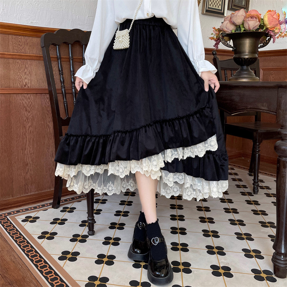 Fall Autumn Mori Girl White & Black Lace Long Elastic Gathered Waist Skirt