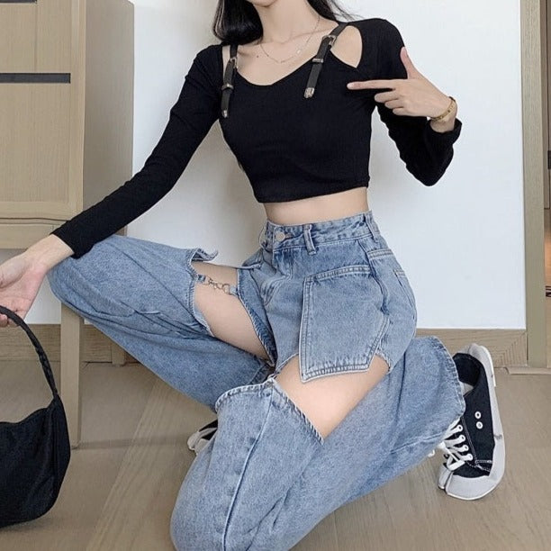 American Style Cute Trendy Sexy Girl Chic Summer Wide Leg Trouser Pants Detachable Shorts Blue Black Denim Jeans