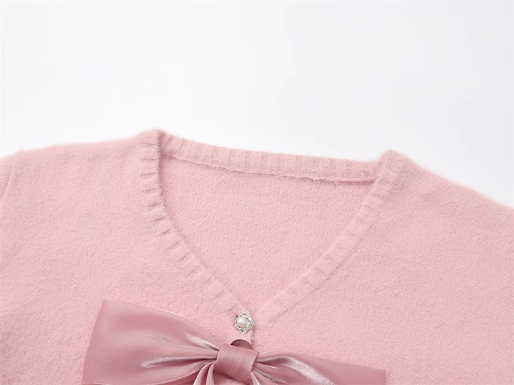 Korean Winter Sweet Soft Bow Ribbon Pink Sweater Cardigan