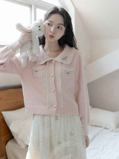 Spring Autumn Girl Women Flower Floral Lace Orose Pink Cardigan