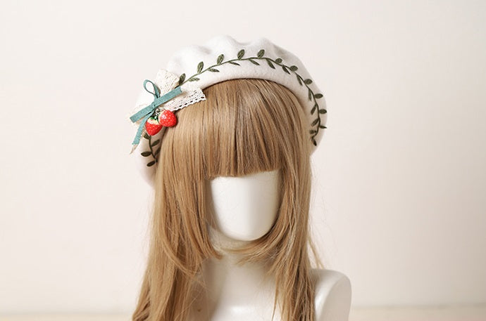 Cute Winter Christmas Strawberry Green Leaves White Beret Hat