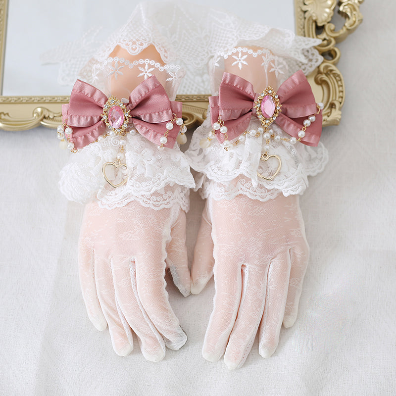 Elegant Pretty Lace Bow Diamond Gemstone Gloves