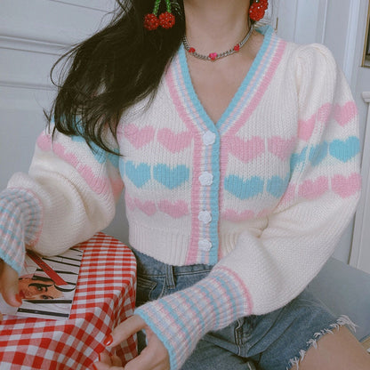 French Korean Spring Autumn Heart Love Embroidery Pink Blue Knit Sweater Cardigan