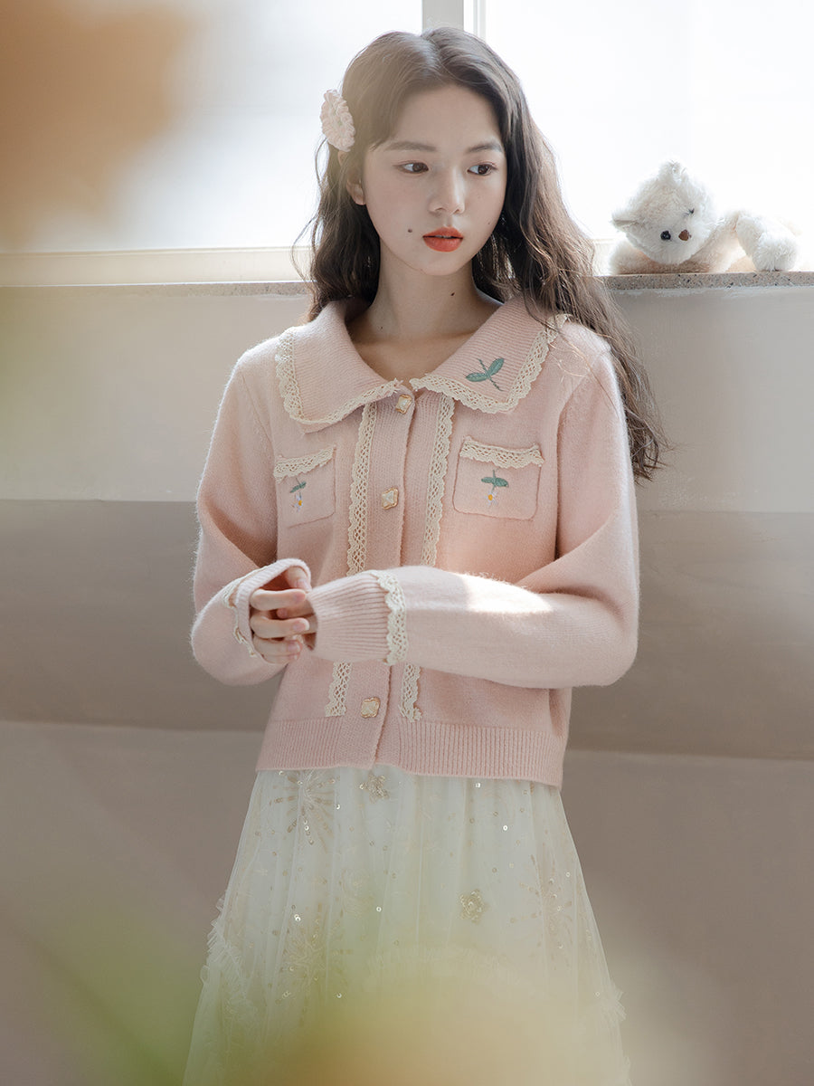 Spring Autumn Girl Women Flower Floral Lace Orose Pink Cardigan