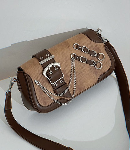 Retro Grunge Industrial Brown Leather Strap Shoulder Bag