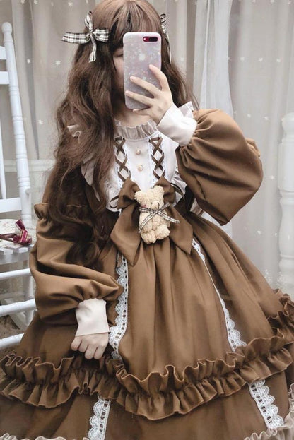 Plus Size Women Japanese Doll Cute Fairytale Princess Chocolate Brown & Sky Blue Long Sleeve Dress