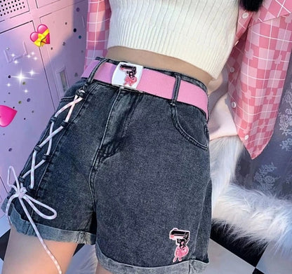 Korean Cute Summer Spring High Waist Embroidery Cross Pink Strap Bow Loose Wide Pant Denim Jeans Shorts