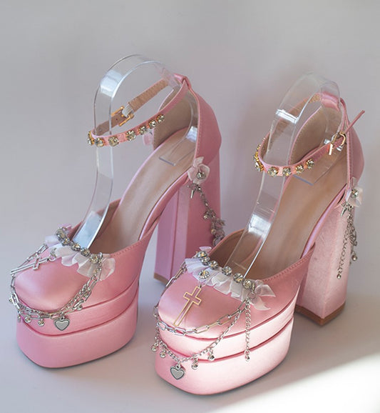 Pink Butterfly Crystal Lace Elegant Chic Pointed Toe High Heels