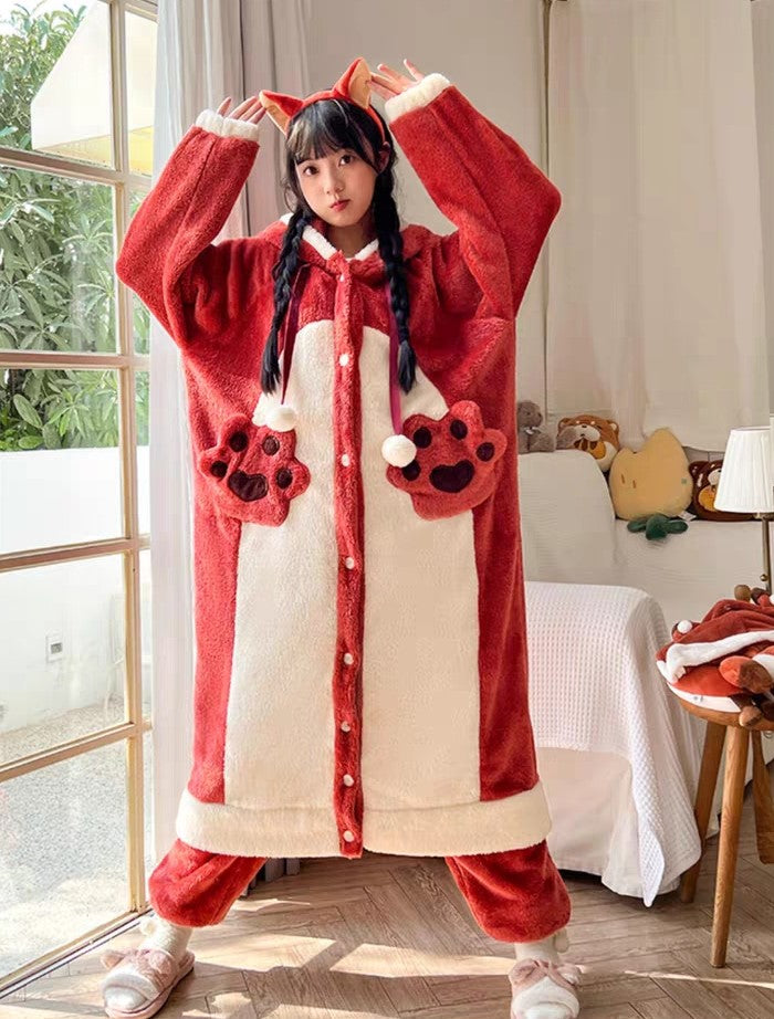 Winter Thick Warm Soft Cute Little Red Fox Ears Hoodies Nightgown Long Coat Pants Pajamas Two Piece Set