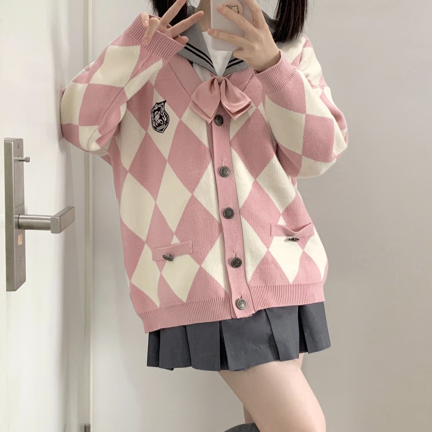 Phamtom School Argyle Black White Gray Red Pink Japanese Student Autumn Winter Cute Cozy Comfy Knitted Cardigan