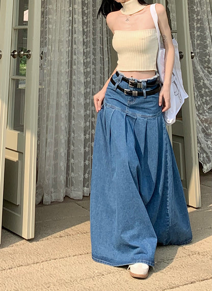 Summer Fashion Cute Trendy Retro High Waist A-line Denim Jeans Long Pleated Skirt