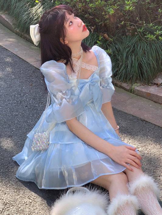 Mori Girl Princess Fairytale Cute Square Neck Lace Layered Tulle Blue Short Mini Dress