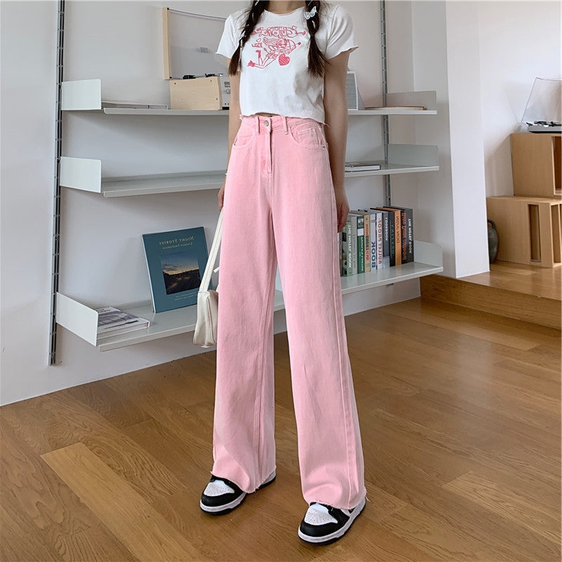 Summer Cute Chic Girl Student High Waist Soft Pastel Peach Print Embroidery Pink Long Trouser Pant