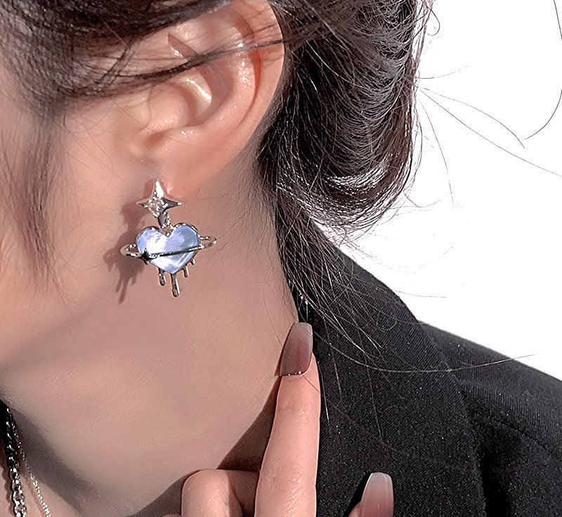 Melting Ice Blue Heart Astral Sparkling Blue Silver Earrings