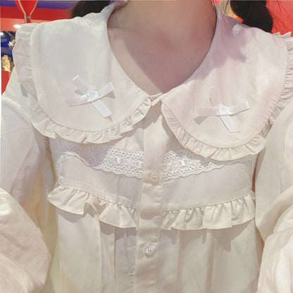 Spring Summer Vintage Day Girl Twins Bow Embroidery Lace Cotton Doll Collar Beige Shirt Blouse